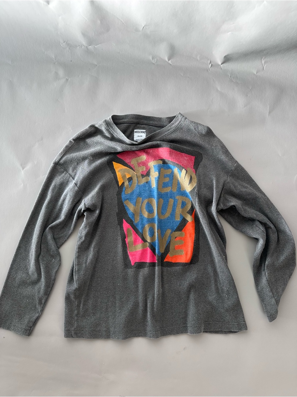 Moschino Gray Long-Sleeve Tee with Multicolor 'Defend Your Love' Graphic